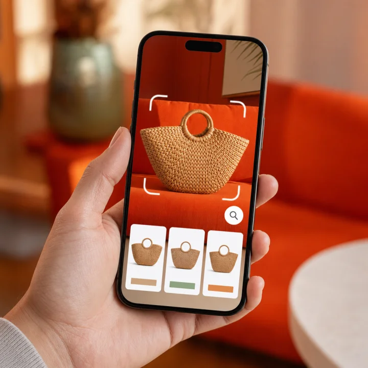 A hand holding a phone scanning a bag on a sofa, with AI-matched product results shown on screen